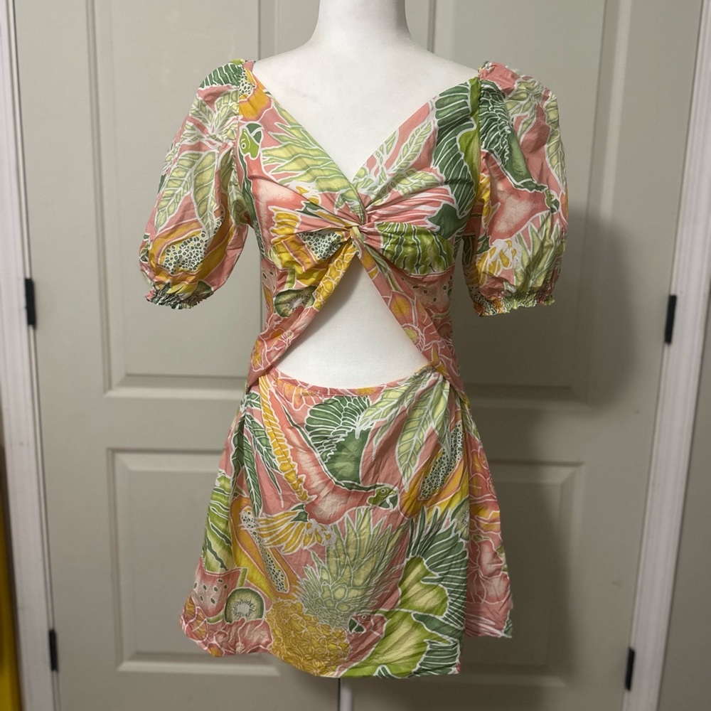 Kenny Flowers Pink and Green Tropical Mini Dress